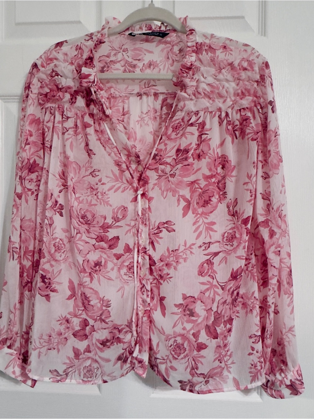 Zara Pink Floral Ruffle-Trim Sheer Blouse